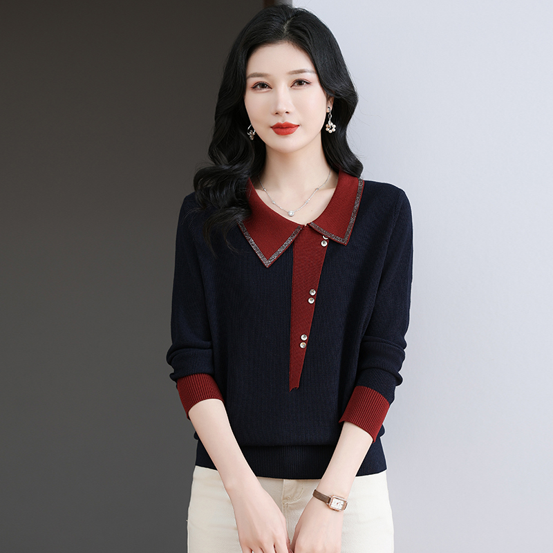 2025春装新款洋气时髦设计感上衣女宽松长袖针织衫翻领气质小衫