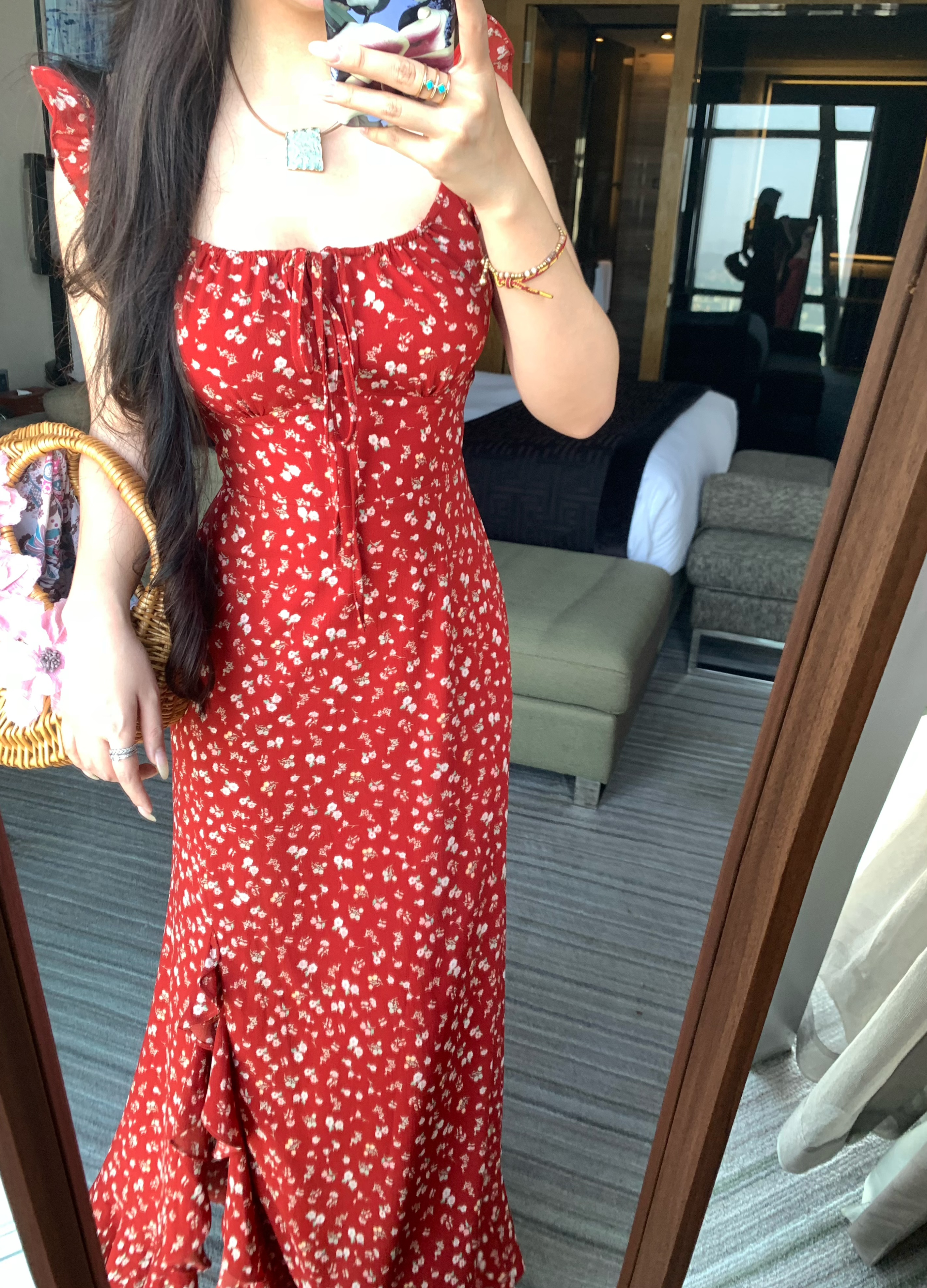 《扶桑花女孩》2025夏季红底碎花气质女人连衣裙长裙M96