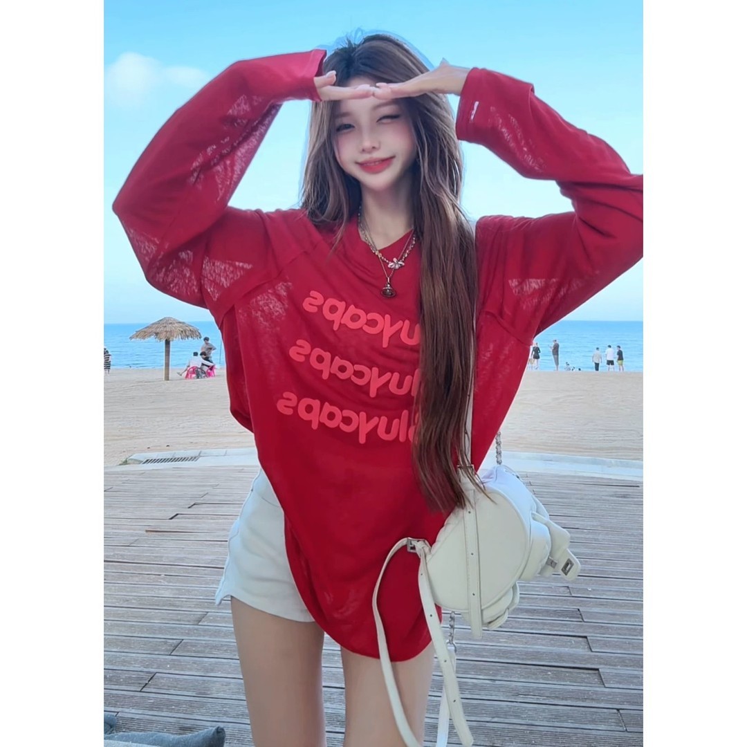 雪花棉纯欲慵懒风女字母休闲长袖新款T恤夏薄款宽松防晒罩衫上衣