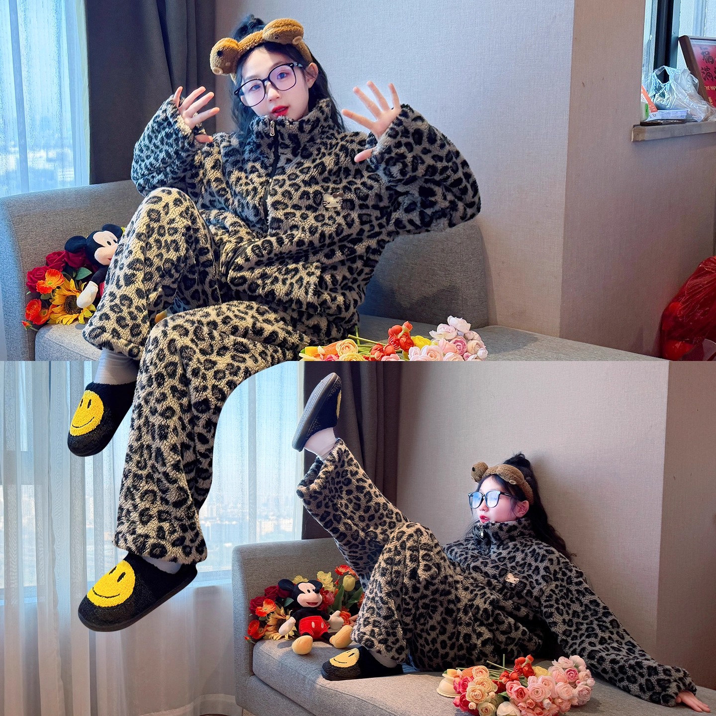 豹纹加绒女童睡衣2025新款初中生冬装珊瑚绒家居服儿童超好看套装