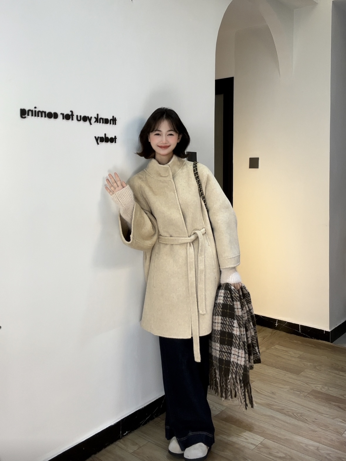 极简风秋冬立领中长款针织袖双面羊毛大衣系带网红外套女