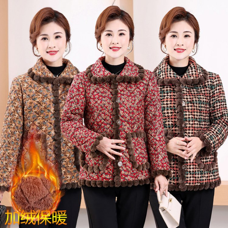中年妈妈秋冬装加绒保暖棉衣外套棉服中老年女装冬季大码短款棉袄
