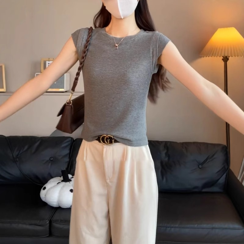 老钱风螺纹圆领短袖t恤女夏季新款修身百搭显瘦飞飞袖上衣韩版ins