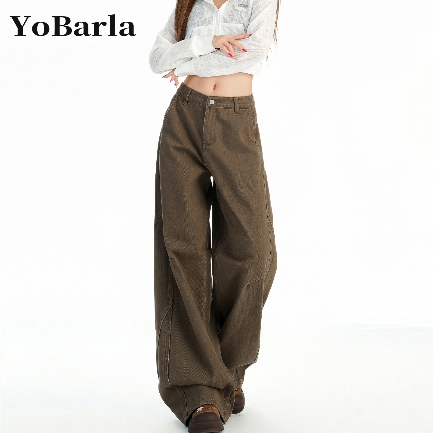 棕咖色直筒牛仔裤女秋冬新款大码胖mm宽松显瘦梨型身材阔腿牛仔裤