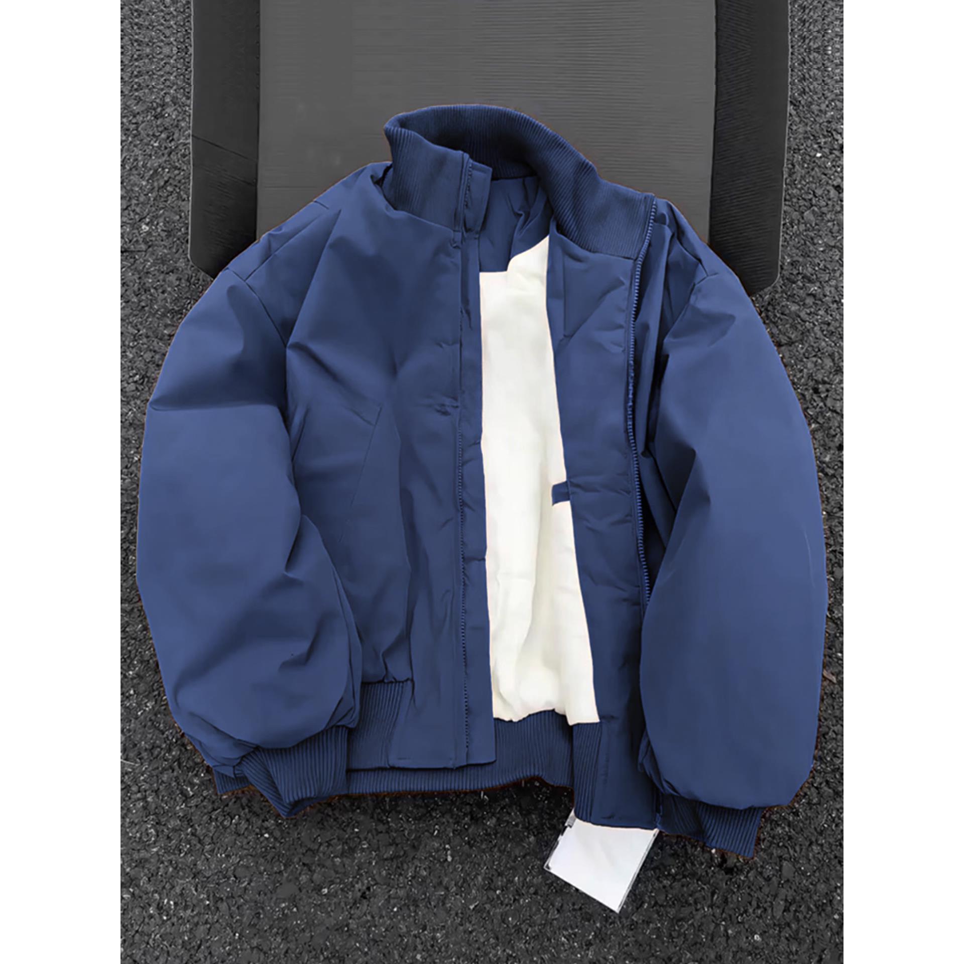 藏蓝色美式飞行员夹克外套男秋冬季加厚短款廓形立领工装棒球棉服