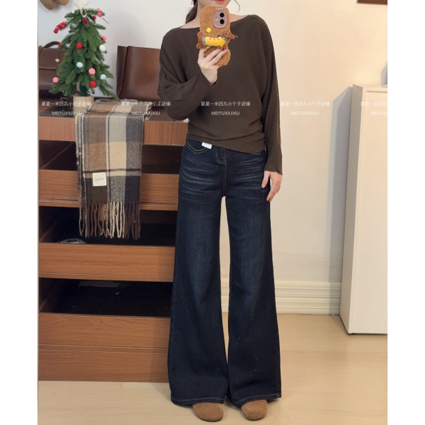 新款小个子蓝黑色直筒宽松微喇牛仔裤显高遮肉巨显腿长29