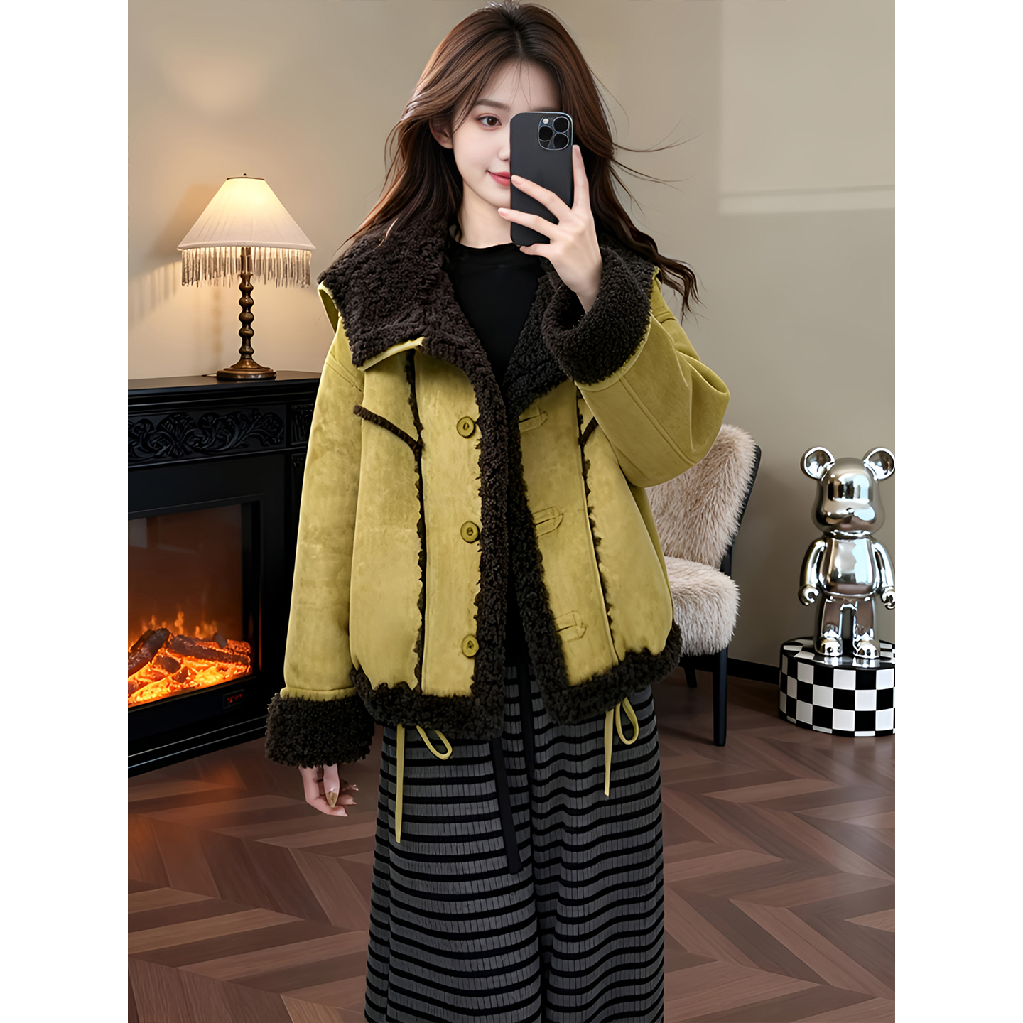 独特别致撞色拼接纽扣两面穿毛毛外套女2025冬季今年新款气质上衣