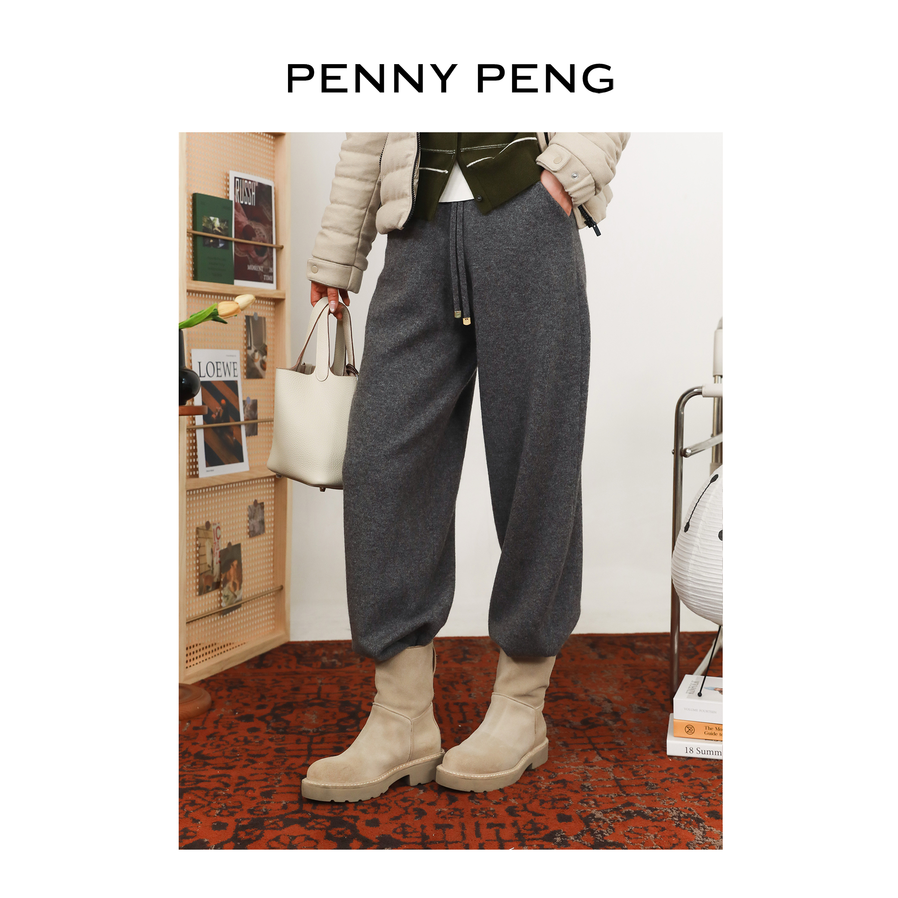 PENNYPENG 香蕉裤4.0 100山羊绒轻盈百搭中度灰松紧腰抽绳香蕉裤