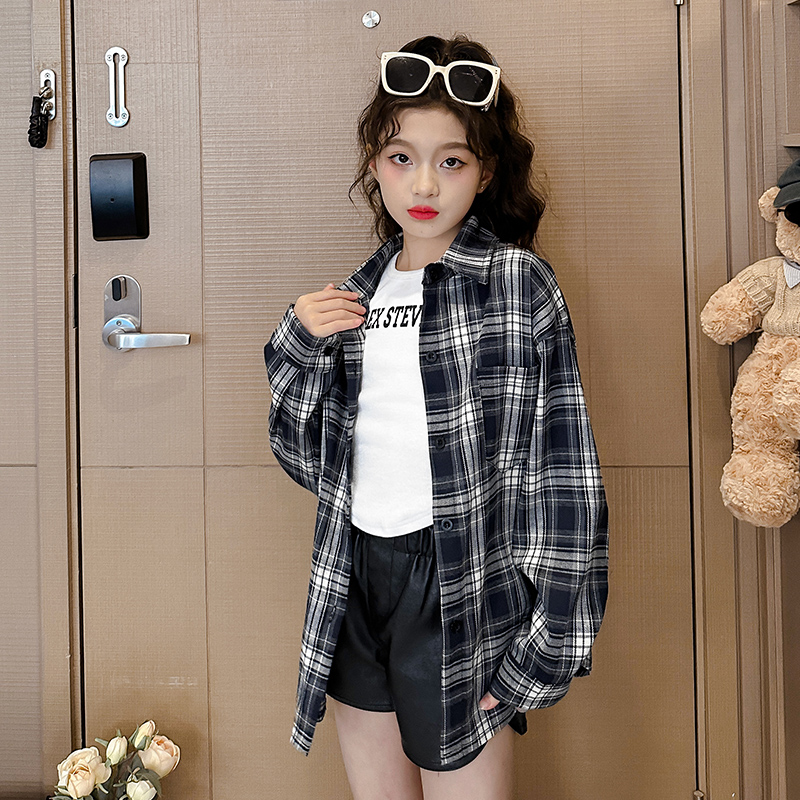 女童衬衫外套新款儿童春秋款上衣时尚洋气女孩长袖蓝色格子衬衫潮