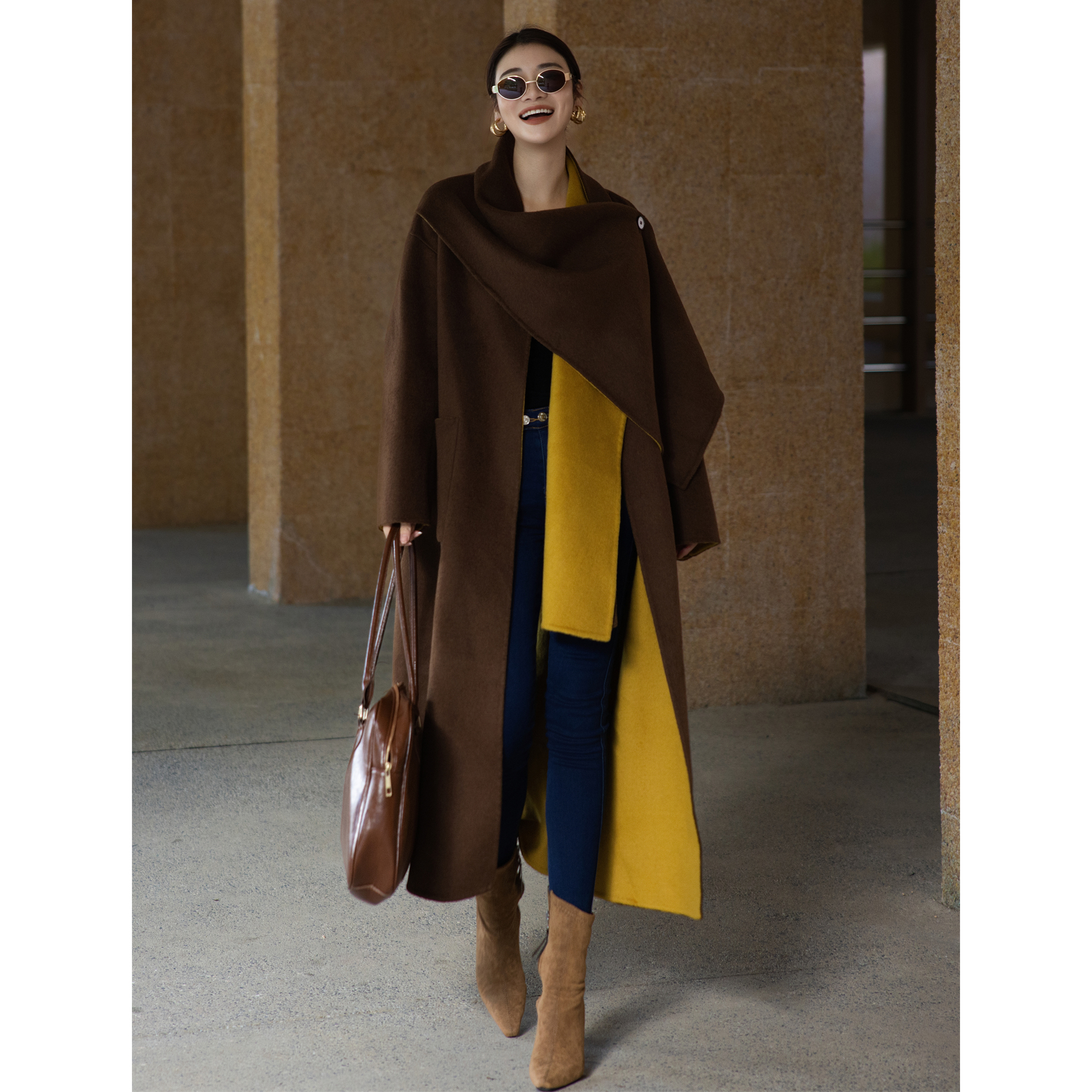 ZEROYK羊毛羊绒撞色双面呢大衣女秋冬季高级感长款围巾领毛呢外套