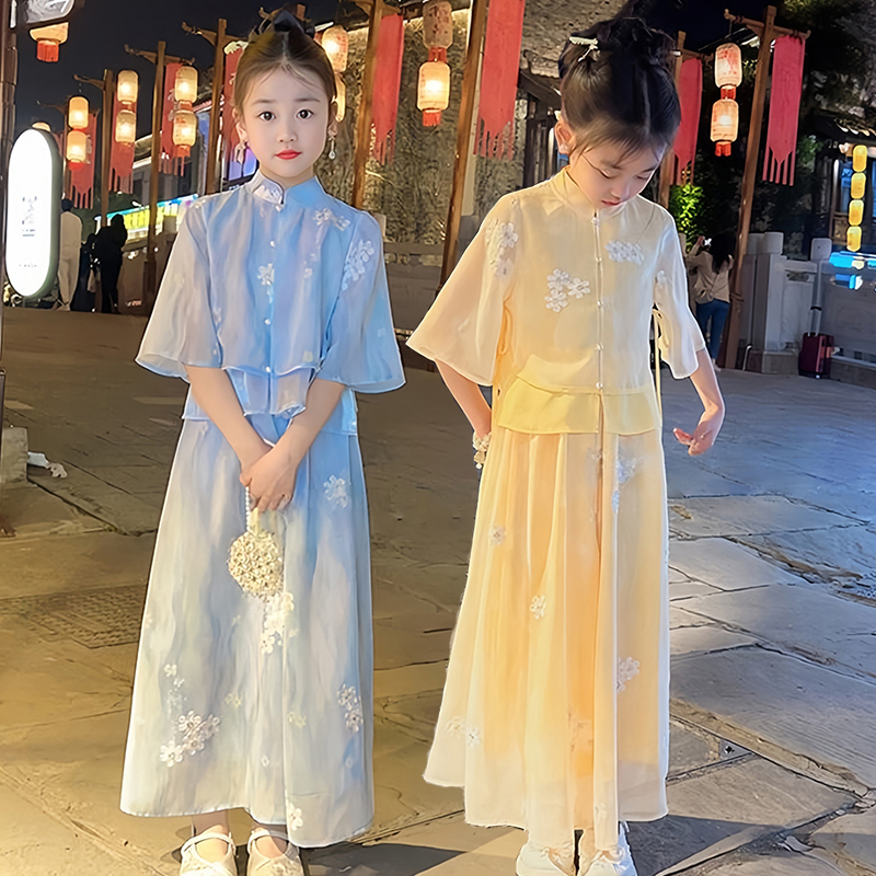 新中式女童套装夏季夏装儿童古风绣花中袖上衣阔腿裤汉服两件套装