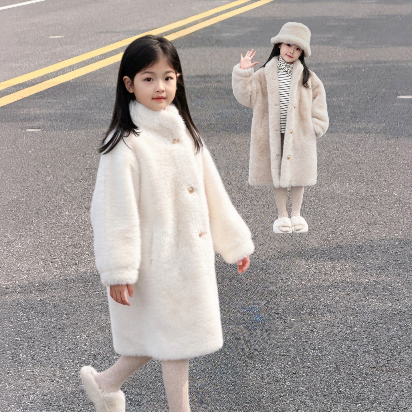 女童环保水貂绒中长款皮毛一体大衣儿童毛毛外套仿皮草时尚高级感