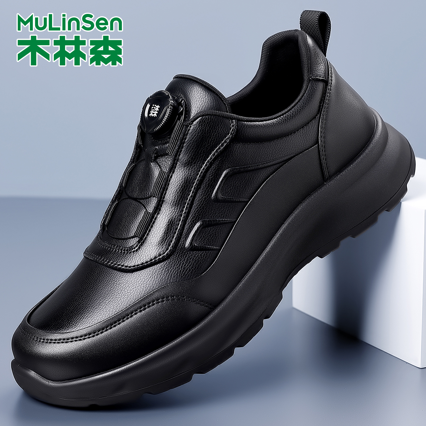 木林森纽扣鞋子男款秋冬新款2025真皮皮鞋加绒休闲运动一脚蹬男鞋