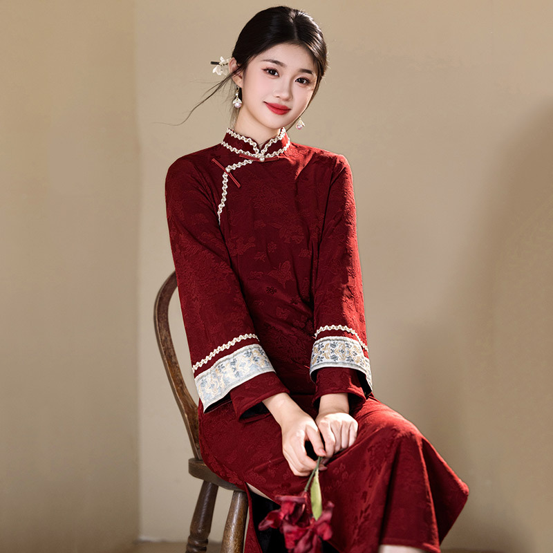 2025新款少女红色国风复古新中式女款长袖加绒拜年服秋冬季旗袍