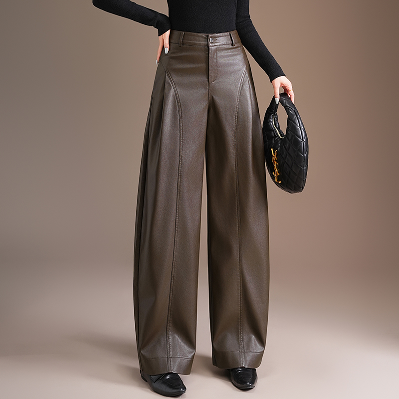 2025秋冬新款气质加厚pu皮阔腿裤宽松高腰休闲显瘦弯刀裤女士皮裤