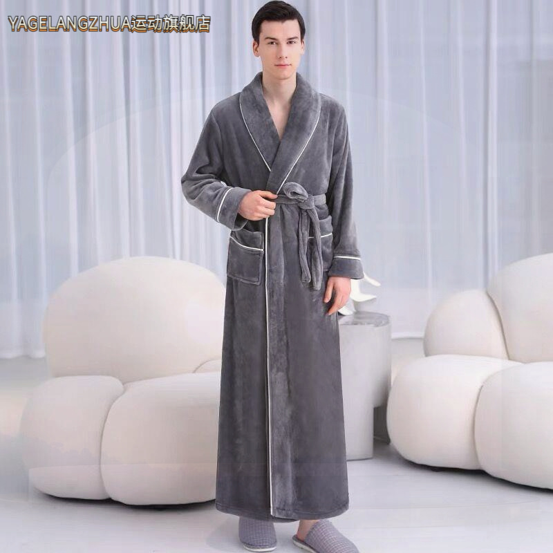 加长款男士睡袍2025年秋冬款冬季珊瑚绒灰色保暖加厚款浴袍