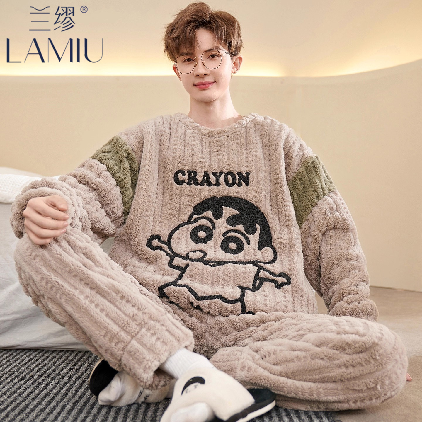 卡通动漫睡衣男士秋冬季加绒加厚珊瑚绒冬天保暖法兰绒家居服套装