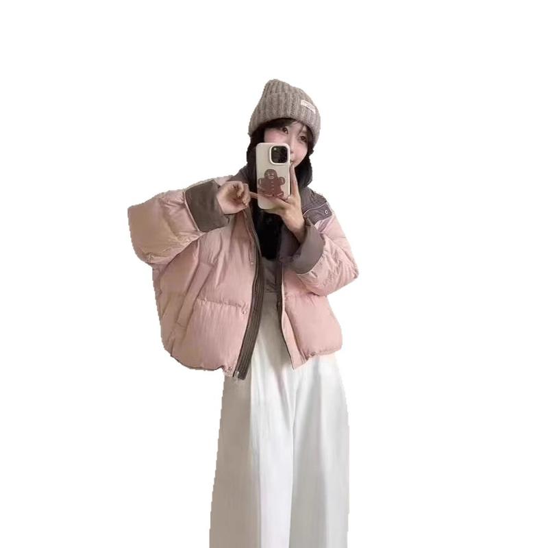 袖口撞色拼接羽绒服女短款2025冬季新款小个子立领鸭绒保暖外套