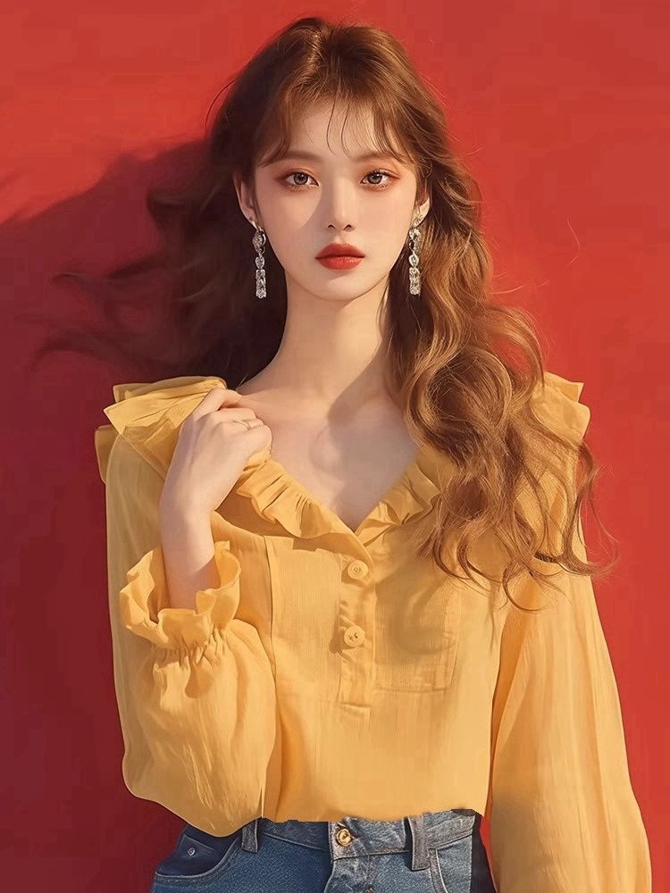 独特漂亮气质超好看小衫黄色荷叶边小清新衬衫早秋季女款2025