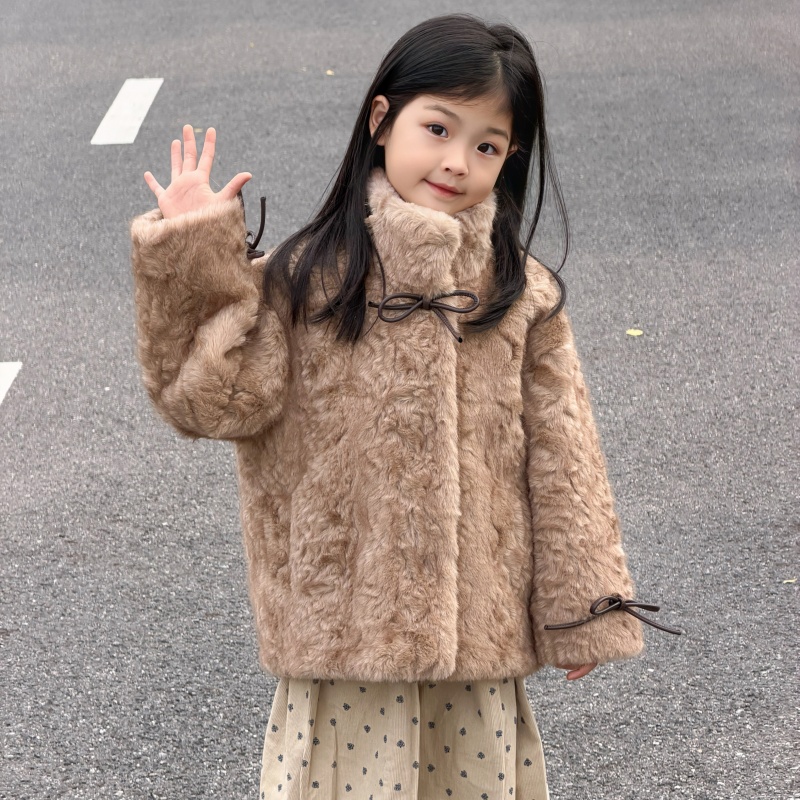 25新款女童染尖环保立领皮毛一体儿童冬季 小熊心事 仿皮草外套