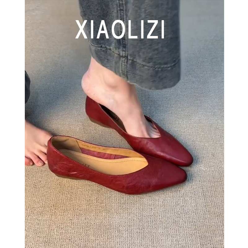 羊皮版~通勤平底鞋女百搭简约复古单鞋一脚蹬尖头浅口外穿职业鞋