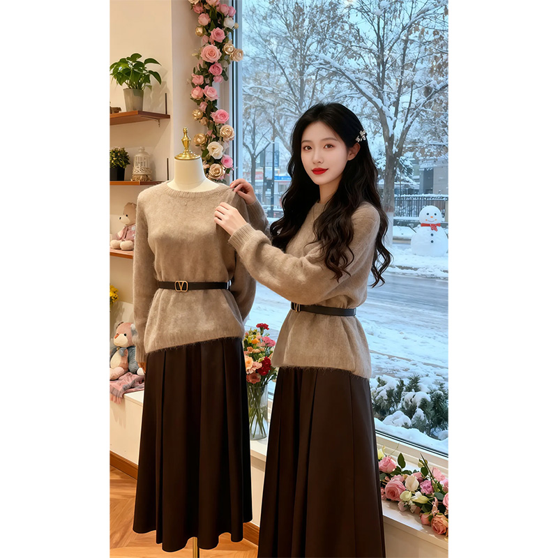 2026年超火冬装一整套法式慵懒气质高级感灰色针织衫两件套装裙女