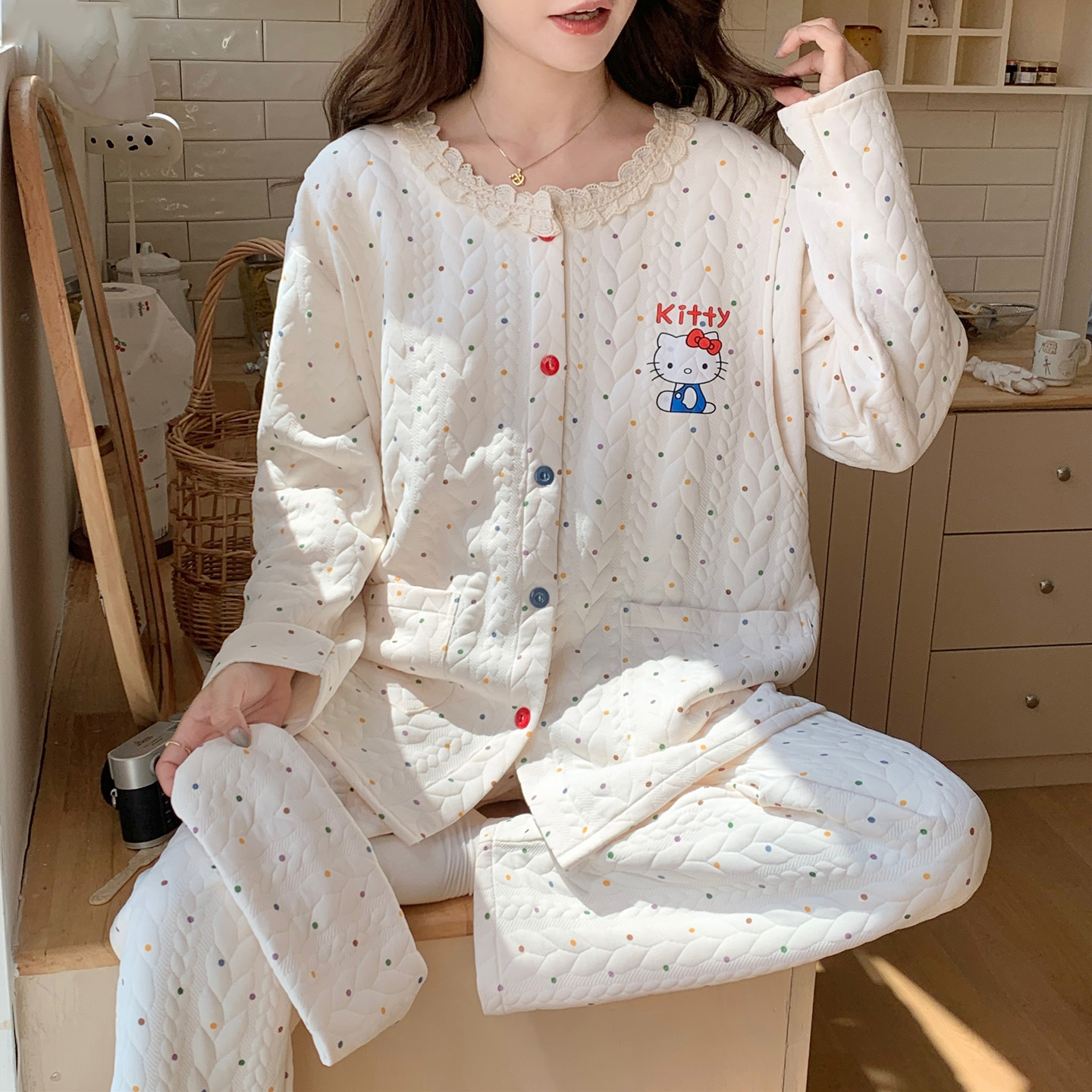 带胸垫哺乳孕妇睡衣秋冬款空气棉待产妇喂奶月子服大码家居服套装