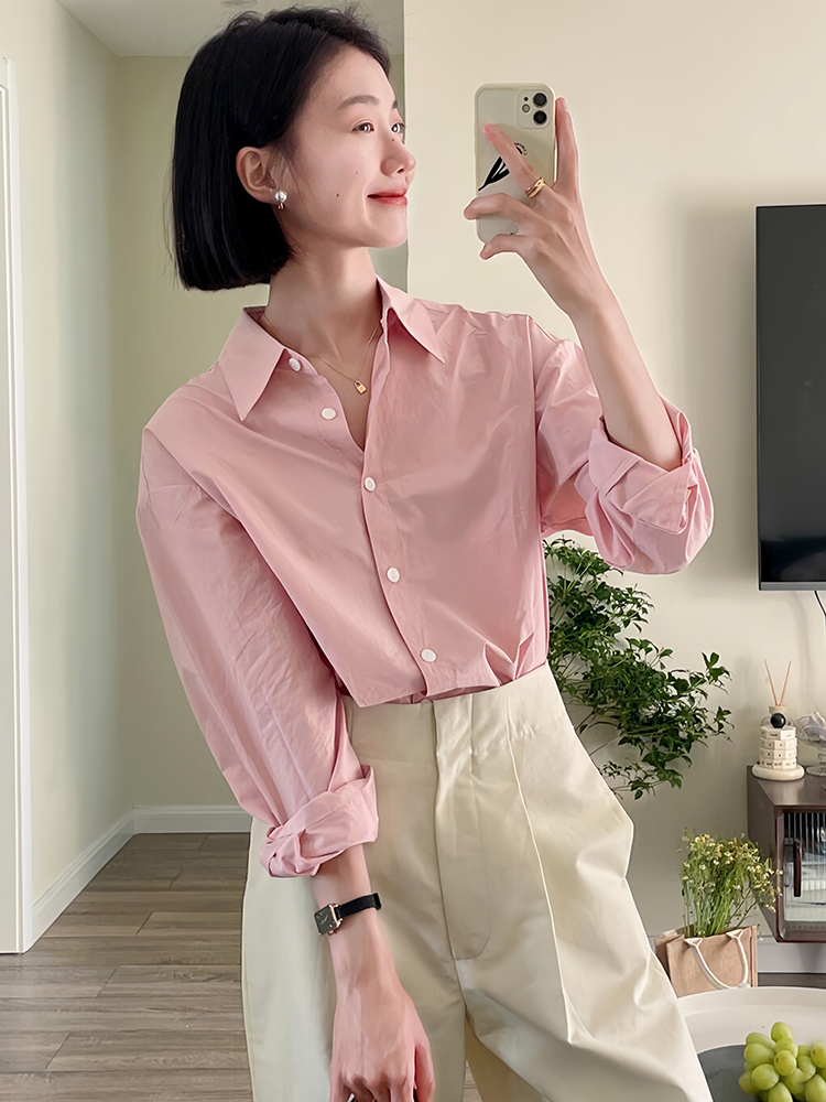 春夏独特漂亮小衫粉色衬衫女设计感小众纯棉衬衣冷淡系高级感上衣