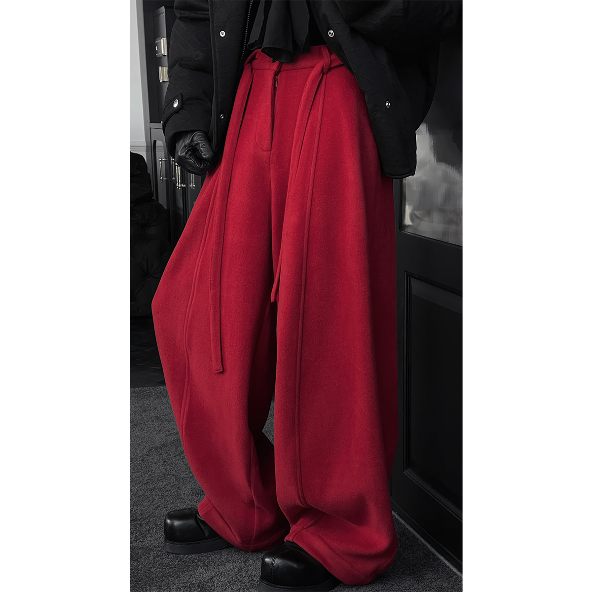 龙叨叨冬季新品简约高级感厚款腰绳百搭宽松垂感阔腿休闲西裤长裤