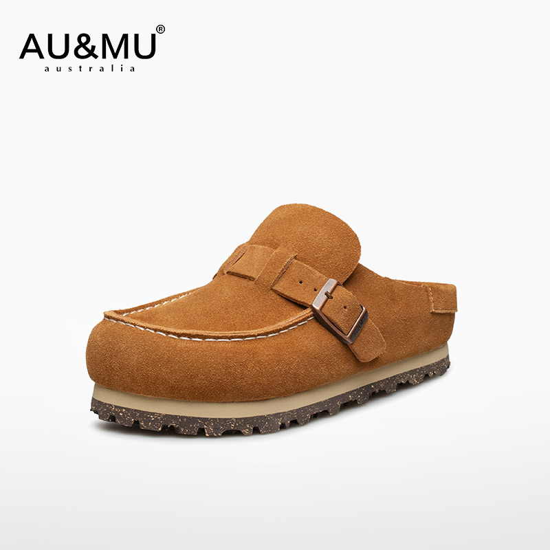 AUMU夏季软木底勃肯鞋女半包头舒适软底英伦拖鞋马衔扣一脚蹬2076