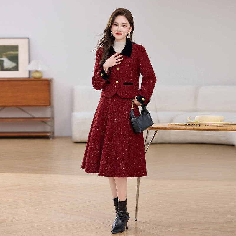 时尚套装2025秋冬季新款小香风时尚气质撞色外套半裙两件套LB9768