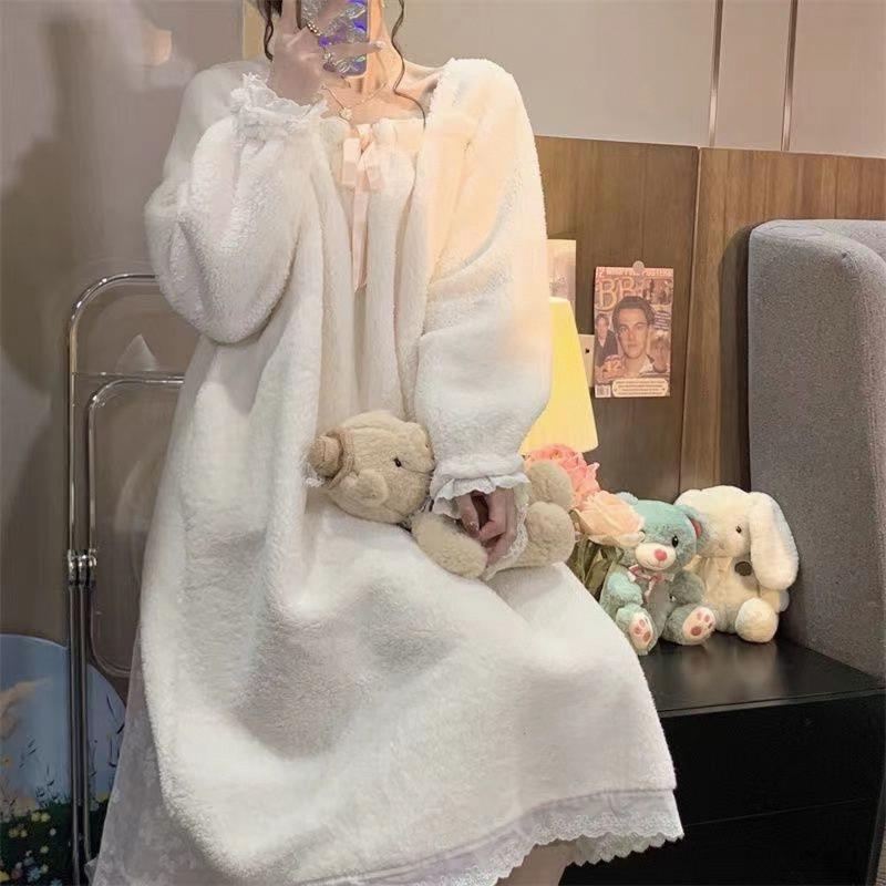 范哲萨加绒加厚珊瑚绒长版过膝睡裙女冬季2025新款甜美纯欲风家居