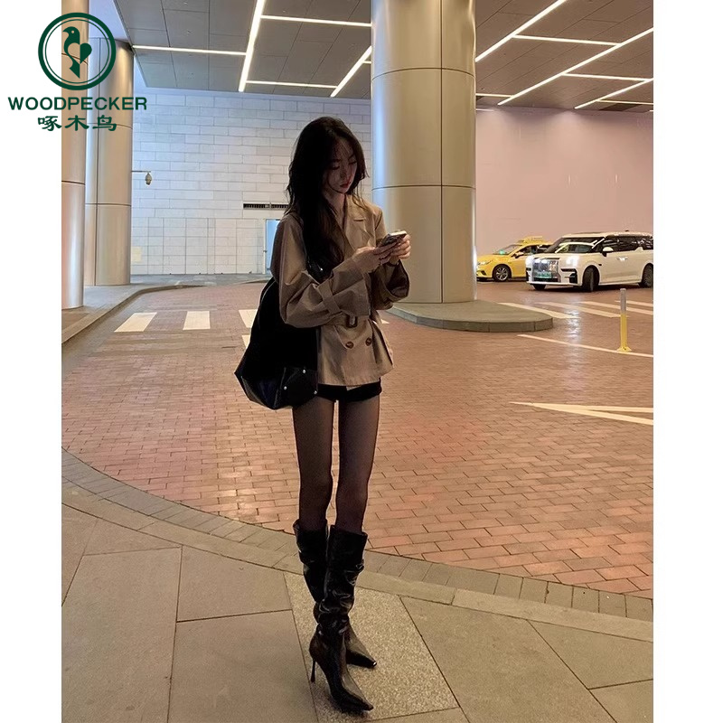 啄木鸟欧美辣妹尖头褶皱长靴女细跟高筒堆堆靴高跟不过膝长筒靴