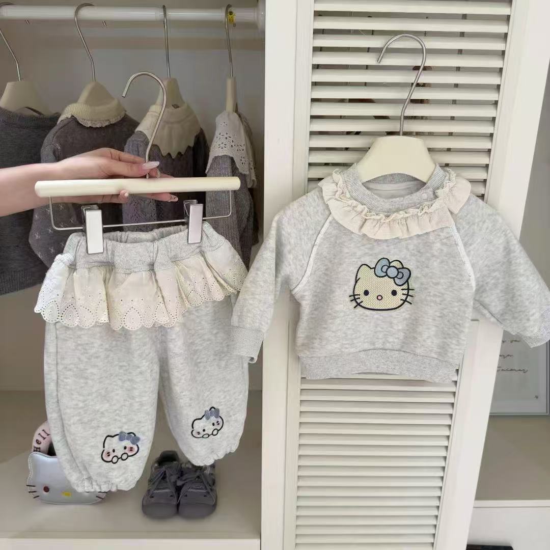 【加厚加绒】原创设计秋冬女童灰色卡通加绒花边保暖束腿裤两件套装