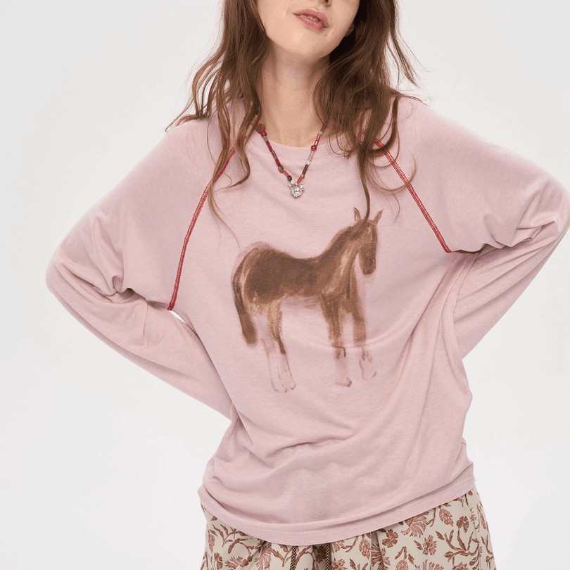 韩系复古卡通手绘印花长袖T恤女早秋季新款宽松显瘦上衣