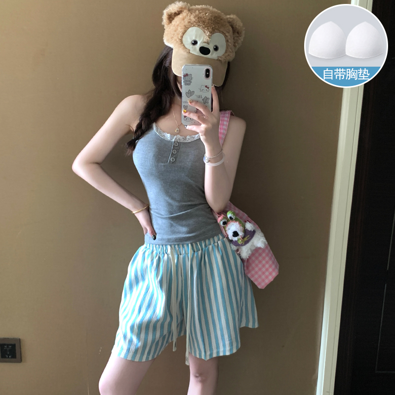 【维多利亚专柜奢品】睡衣女款夏季莫代尔带胸垫休闲条纹吊带背心