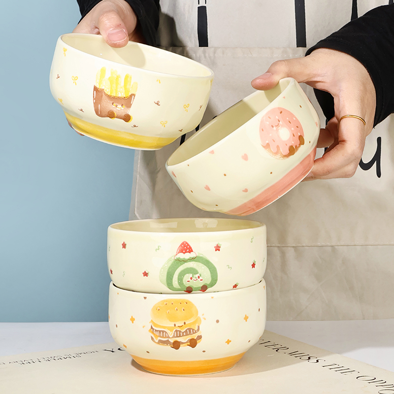 【孟垣】卡通黄油汉堡混色4个4.7英寸碗可爱风釉下彩简约陶瓷饭碗
