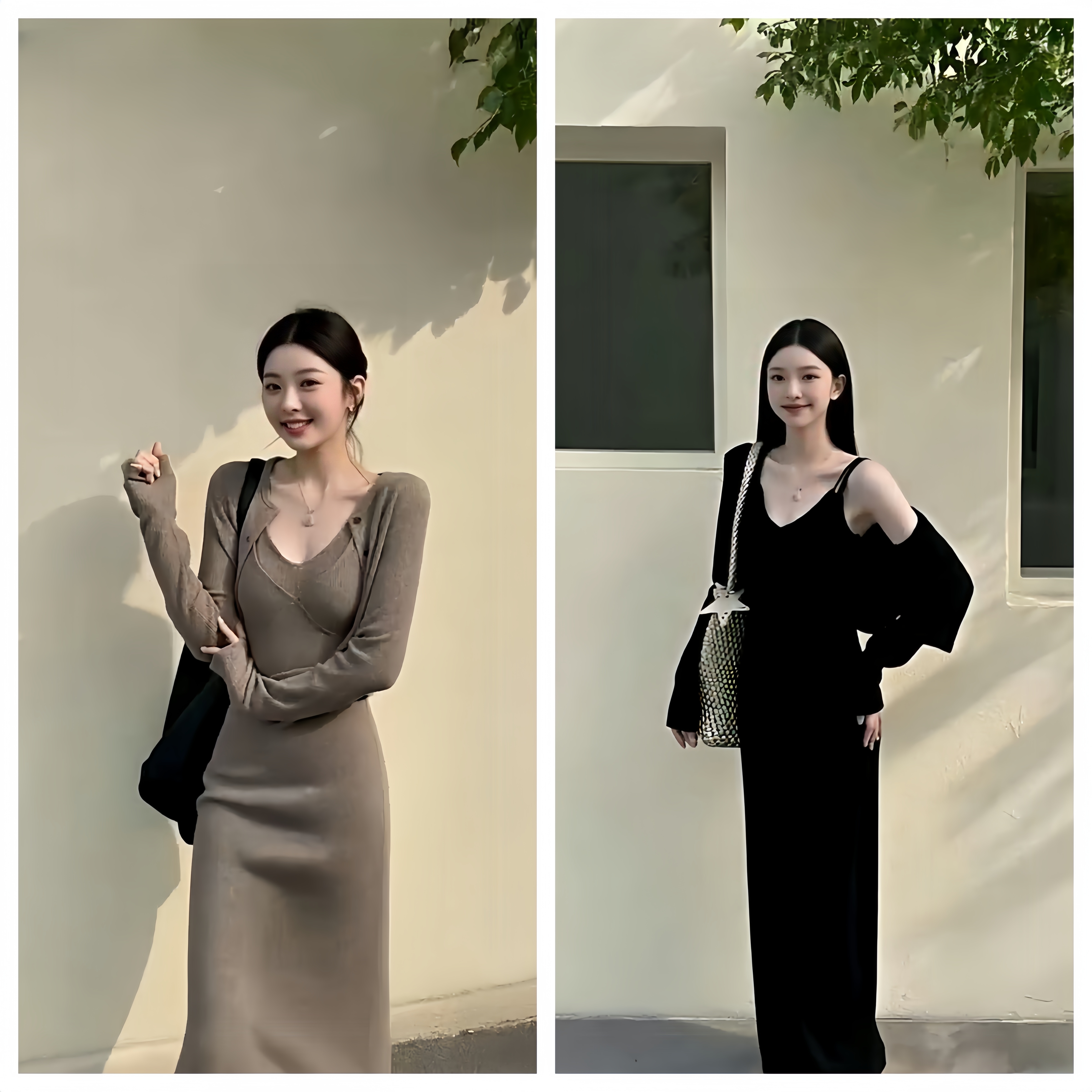 【现货】时尚套装女开又收腰长款百搭连衣裙吊带裙开衫 S11124