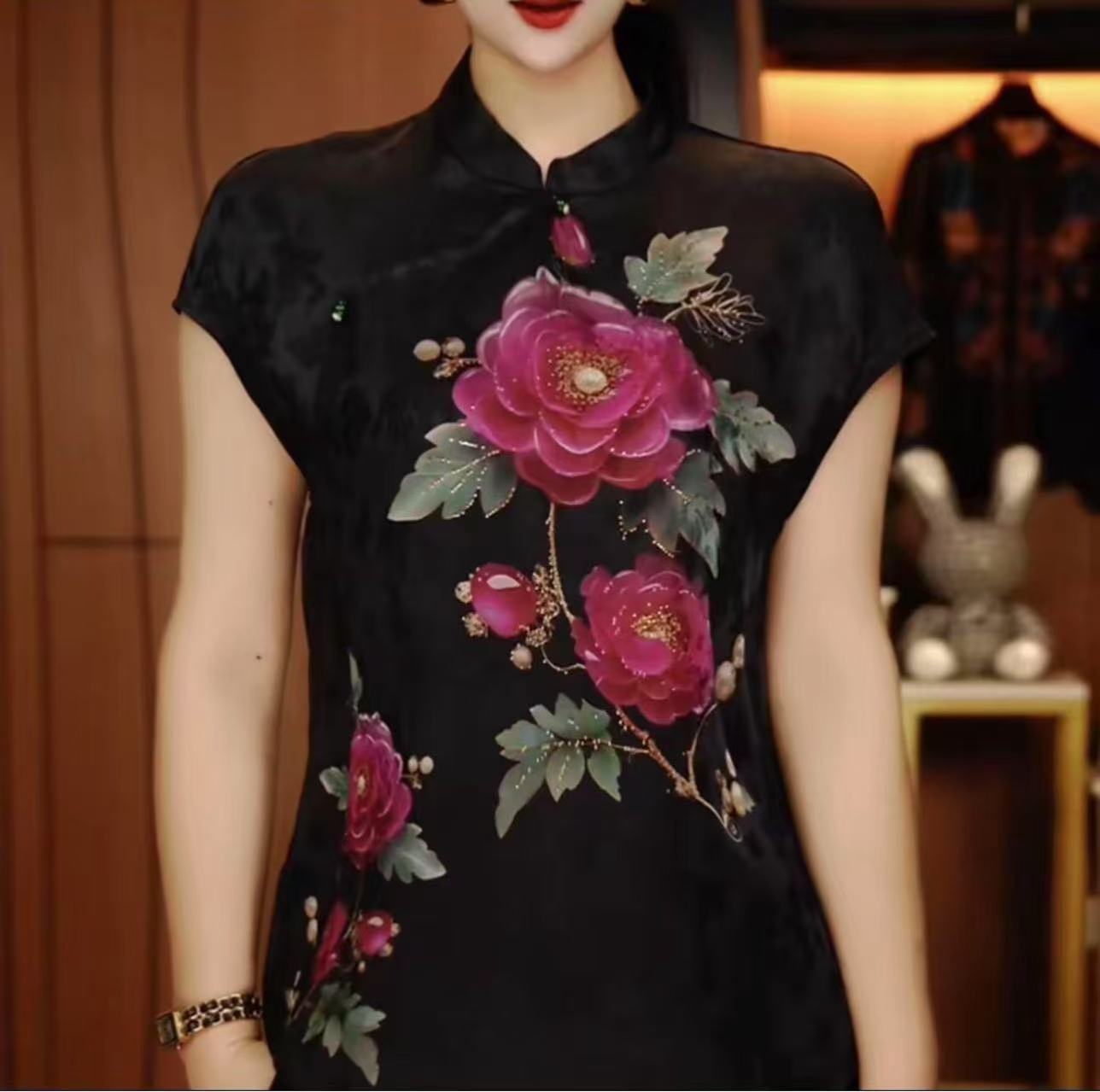 新中式国风上衣女~2025夏季气质小衫牡丹印花显瘦优雅短袖衬衣916