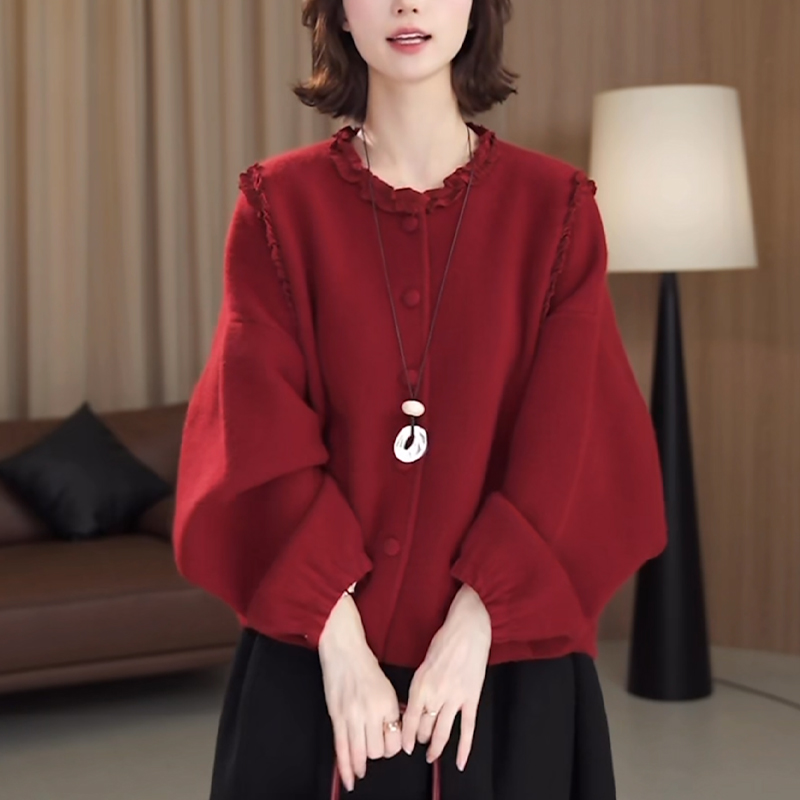 高级感红色长袖呢子开衫女秋冬慵懒风洋气减龄宽松显瘦木耳边上衣