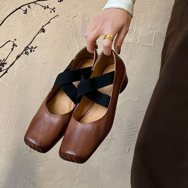 老钱风水洗牛皮芭蕾猪鼻子鞋女法式复古真皮交叉带粗跟玛丽珍单鞋