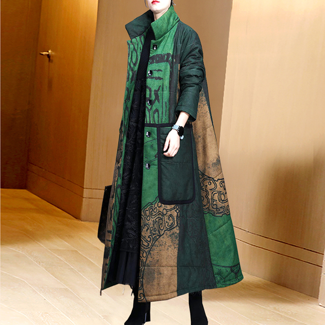 年秋冬新款棉服外套女中长款夹棉加厚棉衣中国民族风印花大衣