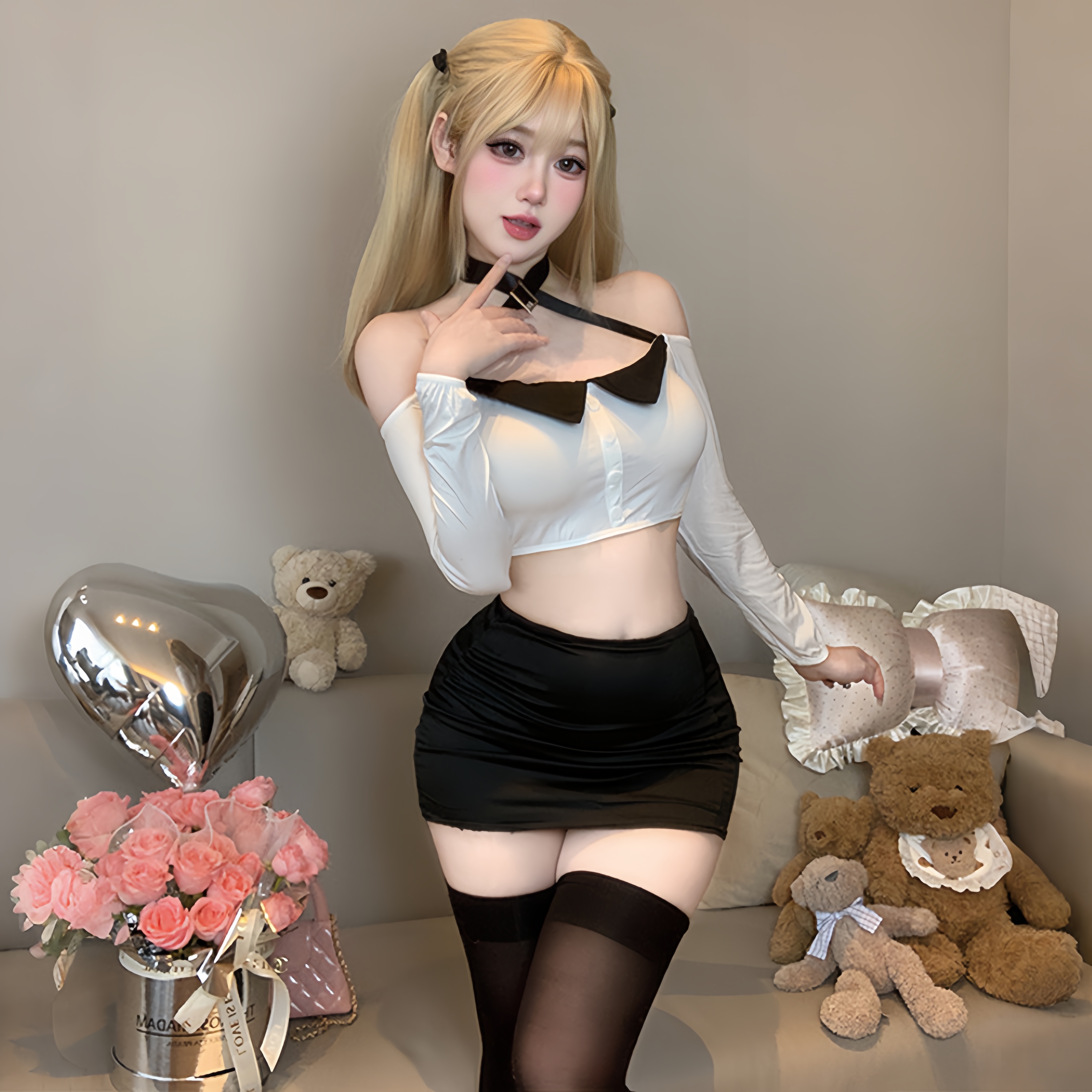 「糖心奶芙」性感纯欲风辣妹COS教师OL秘书露肩挂脖上衣包臀裙套装