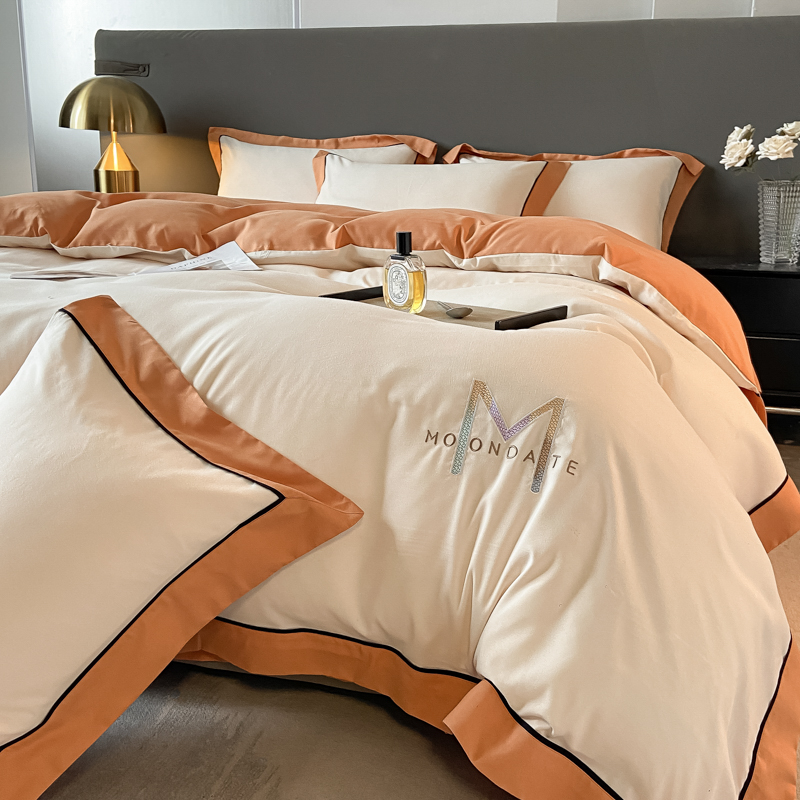 新款轻奢风高档纯棉四件套简约刺绣被套全棉床单床笠床上用品