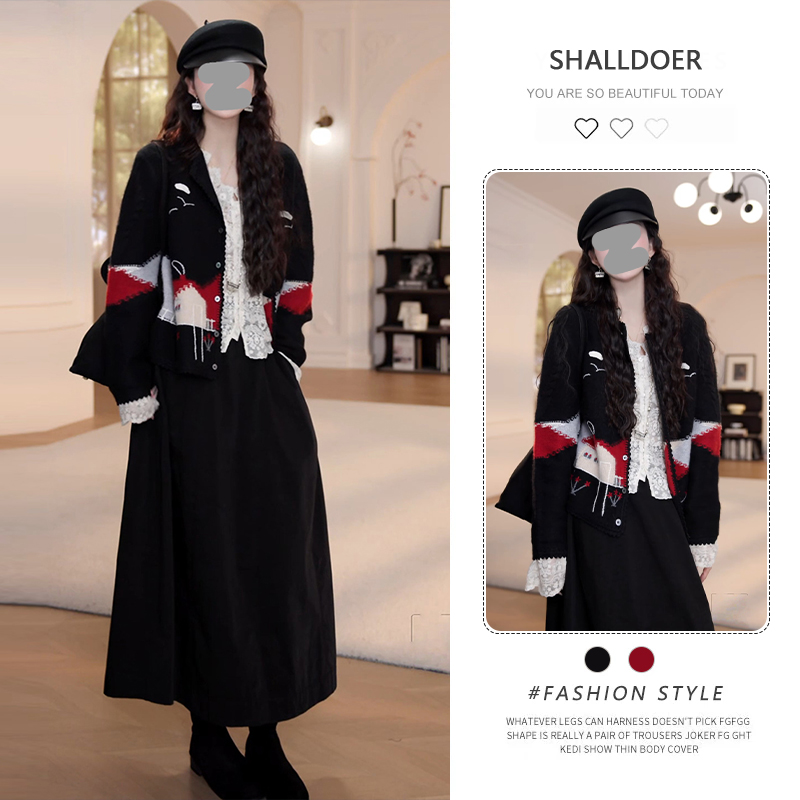 网红洋气炸街女装套装2025春秋新款蕾丝打底针织开衫半身裙三件套