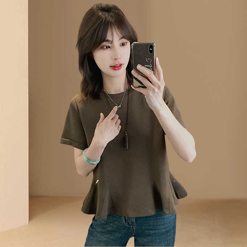 高含棉洋气简约荷叶边下摆短袖t恤女2026年夏季新款宽松显瘦上衣