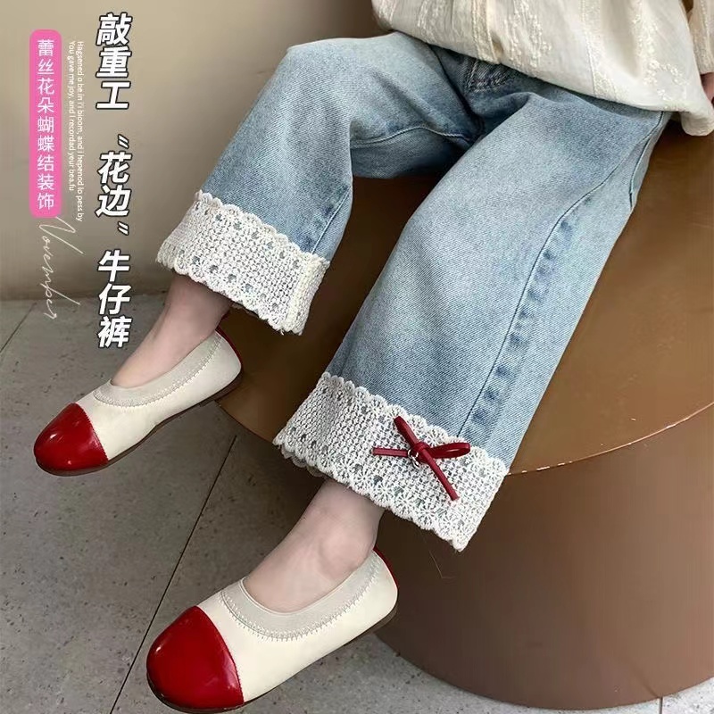 女童牛仔裤春秋季2025新款儿童洋气蕾丝花边长裤中小童宽松直筒裤