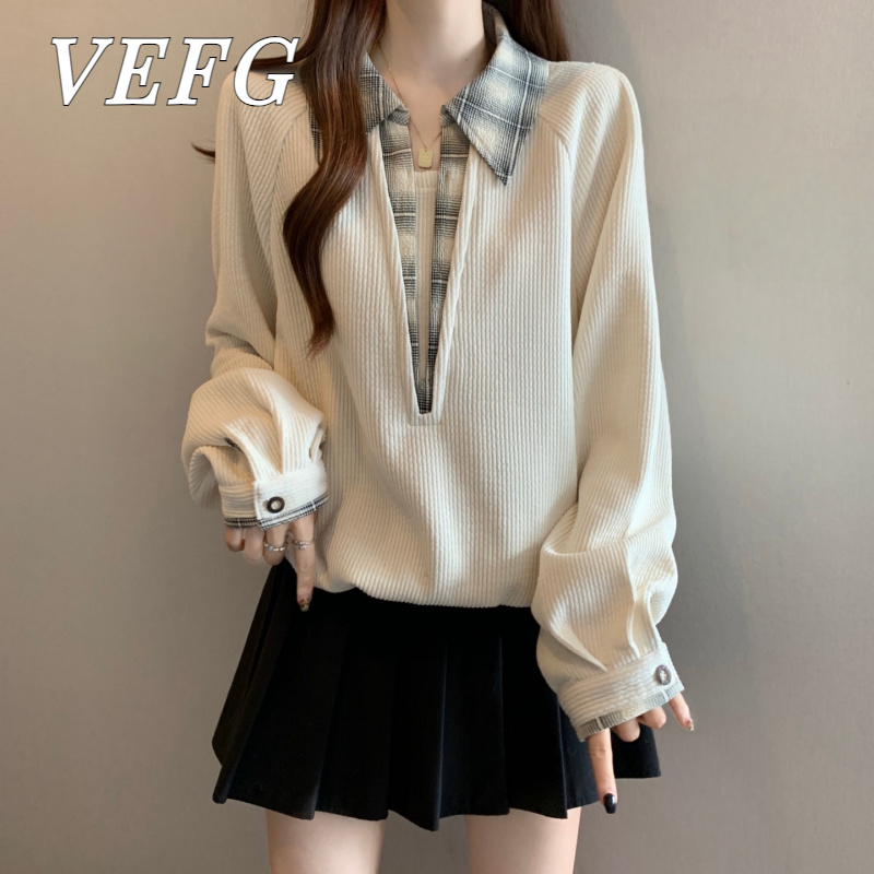 假两件格子Polo领卫衣打底衫女春秋大码胖mm显瘦韩系宽松遮肚上衣