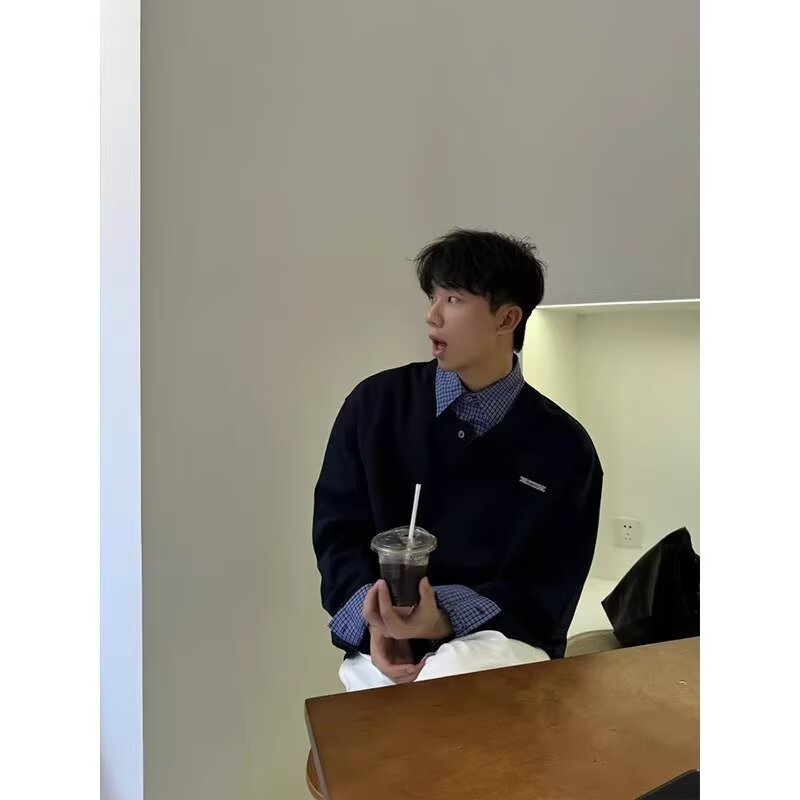 宽松型潮青少年常规秋季假两件小众设计感拼接灰色卫衣男长袖潮流