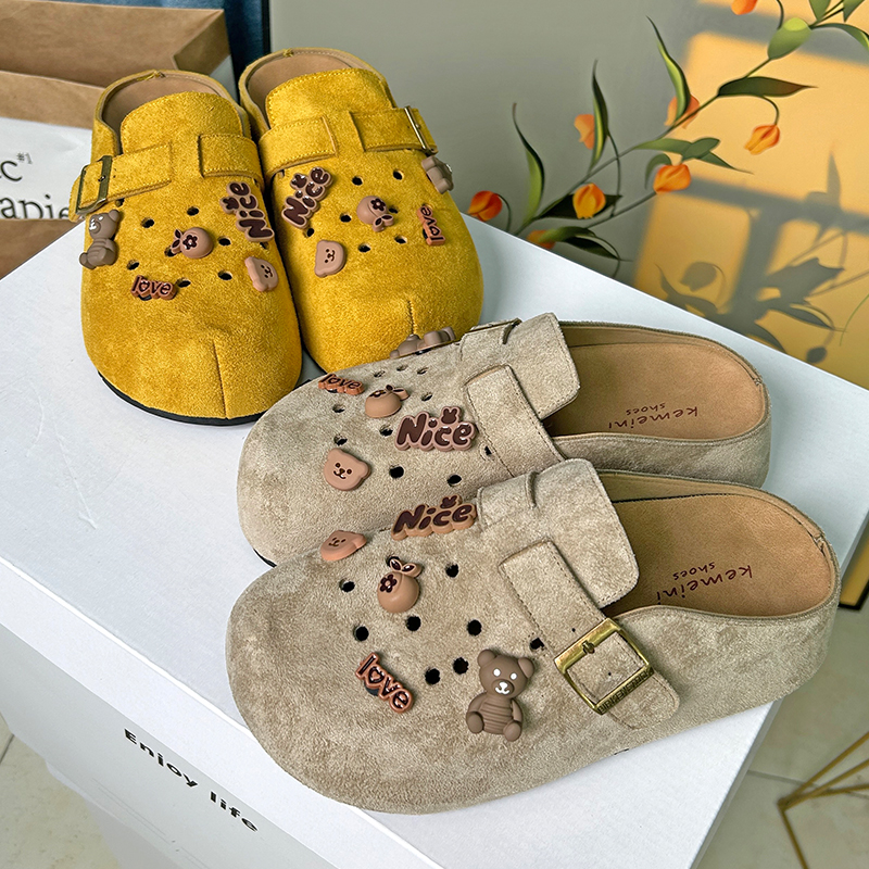 牛皮勃肯半拖鞋女春夏时尚穿搭增高厚底一脚蹬可爱洞洞鞋9866